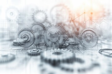 Wall Mural - Experience the future captivating image featuring intricate gears and cogs against a panoramic business backdrop, perfect for web banners. Dive into the world of business innovation and technology