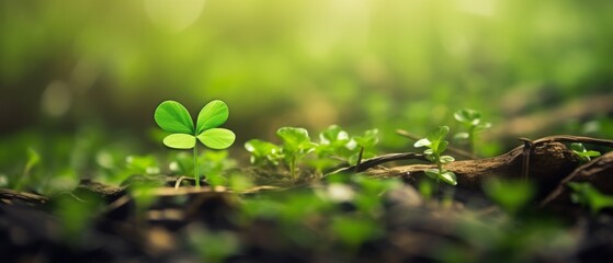 Wall Mural - Lucky four leaf clover with dew drops.