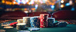 wallpaper poker advertising with poker chips pand blurred background, with empty copy space