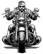 Drawing of a Biker on a Strong Motorcycle - Black and White Illustration with a American Rider from a Frontal View Isolated on a White Background, Vector