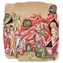 The Raising Of Lazarus. Christian Illustration In Byzantine Style Isolated
