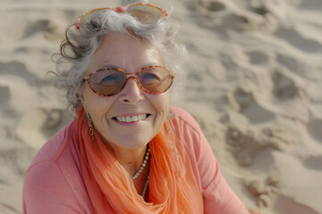 Wall Mural - smile older woman with pink scarf walking on beach at sunset	