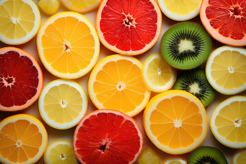Wall Mural - Colorful pattern of citrus fruit slices. Flat lay, top view
