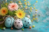 Fototapeta Mapy - A vibrant easter display of colorful flowers and intricately decorated eggs creates a lively atmosphere of growth and new beginnings