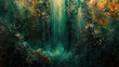 Layers of emerald green and coral cascade, creating an abstract waterfall of color and emotion. 