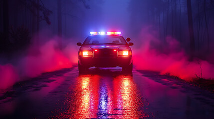 Strobe lights of police car at night with smoke background