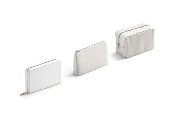 Blank white bag and wallet accessories mockup, side view