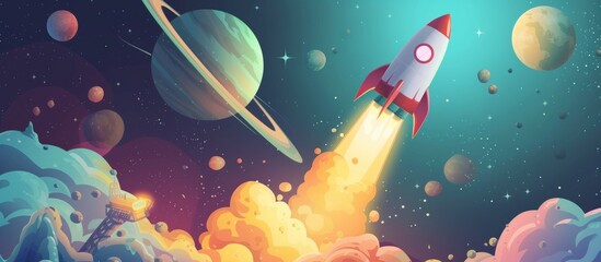 rendering cartoon rocket launch to space with colorful planet background. ai generated