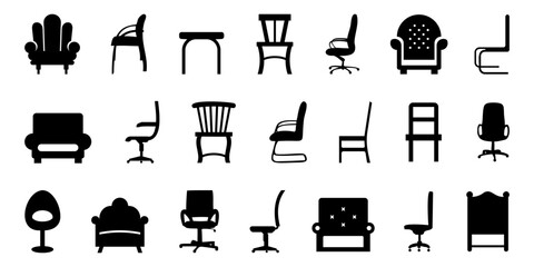 chair and armchair silhouette isolated on a white background. black chair silhouettes group. chair i