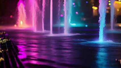 Wall Mural - a neonlit fountain spraying water to the rhythm of the music creating a mesmerizing water and light 