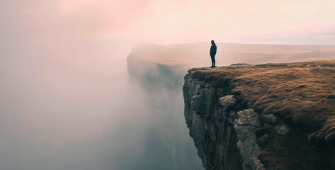 Man standing on the edge of a cliff and looking at the sunset,Silhouette of a man standing on the edge of a cliff in the fog.