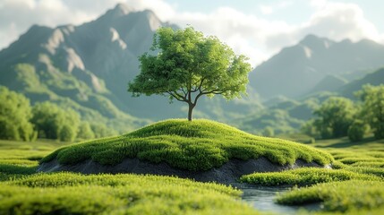 Canvas Print - Three-dimensional illustration piece of land with beautiful landscape isolated on white background. Green island forest surrounded by trees, mountains, green grass, and clouds.