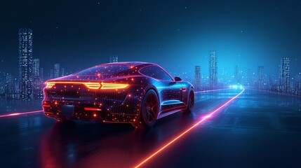 Poster - Vector illustration depicting a fast car driving through a city at night. Abstract wire car illustration with headlights on a dark blue cityscape background with stars.