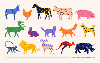 Aufkleber - Set minimalistic bizarre unusual wild and domestic animals in matisse art style, Hand drawn silhouettes zoo with different textures, Big vector doodle graphic elements