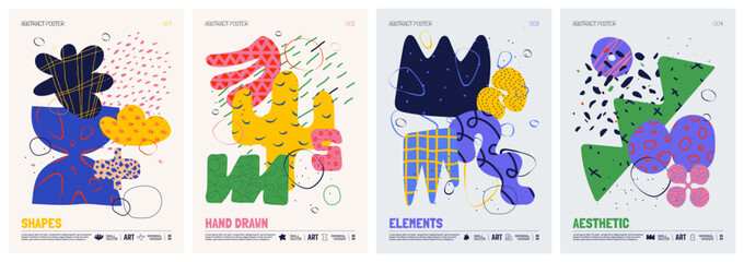 Aufkleber - Colorful vector minimalistic Posters with bizarre abstract geometric unusual shapes and forms with different textures in matisse style, Hand drawn modern wall art with aesthetic naive figures, set 1