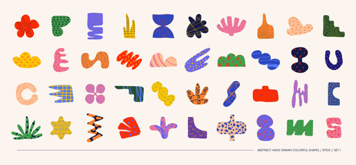 Aufkleber - Collection of minimalistic bizarre abstract geometric shapes and forms with different textures in contemporary style, Hand drawn colorful primitive, Vector doodle objects and graphic elements, set 1
