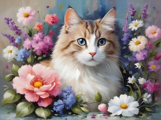  cat and flowers painting	