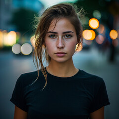 Intense facial expression woman in plain black t-shirt in the street at evening, ai technology