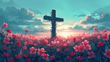 Fototapeta  - Beautiful fantasy landscape of crucifixion transformed into a blooming cross , easter celebration, flowers and mountains