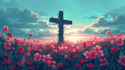 Wall Mural - Beautiful fantasy landscape of crucifixion transformed into a blooming cross , easter celebration, flowers and mountains