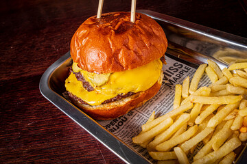 Canvas Print - burger with french fries closeup