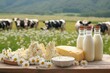 © Pinklife - A picturesque scene of farm-fresh dairy products and milk resting on a rustic outdoor table, surrounded by lush green grass and overlooking majestic mountain views
