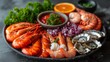 Fresh Seafood Platter, an elegant display of fresh seafood, including lobster, shrimp, and oysters, arranged on a platter. 