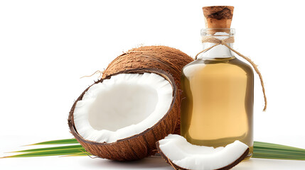 Poster - Coconut oil dripping from coconut cut in half with bottle isolated on white background 