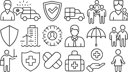 Wall Mural - health insurance coverage thin line icon set vector collection.