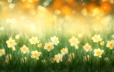 Wall Mural - Nature's Blooming Spectacle: A Sunny Delight of Colorful Floral Beauty Sparkling amidst a Lush Green Meadow