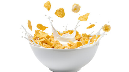 Canvas Print - Corn flakes with milk splash in white bowl isolated on white background 
