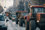 Fototapeta  - Farmers' strike on tractors. Protest of tractor drivers on the streets of a European city. Rally, demonstration and manifestation expression of discontent