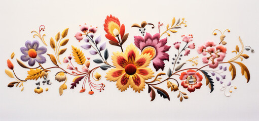 Wall Mural - Retro Floral Ornament: A Beautiful Vintage Design of Traditional Embroidery in Polish Style, with Bright and Colorful Flowers on a Red and Green Background.