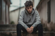 © danr13 - A pensive young teen sits alone on concrete steps, his expression reflecting solitude or deep thought, possibly facing adolescent challenges