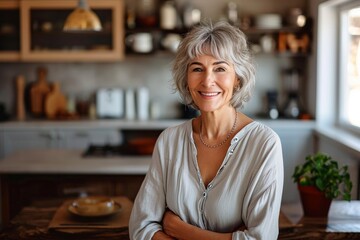 Smiling middle aged woman sitting in domestic kitchen at home, single mature senior in living room with flowers and plants, Generative AI