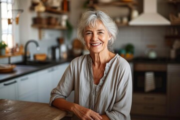 Smiling middle aged woman sitting in domestic kitchen at home, single mature senior in living room with flowers and plants, Generative AI