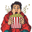 A person looking scared while watching a horror movie isolated on white background, pop-art, png
