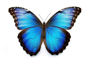 Beautiful tropical Morpho butterfly with wings spread and isolated on white background, close-up macro, Generative AI