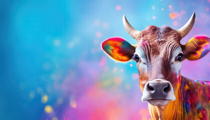 Wall Mural - Cow in paint on bright background , happy holi indian concept