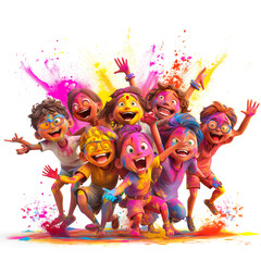 Poster - A dynamic 3D representation of funny characters playing Holi, including males, females, and kids