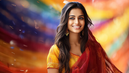 Wall Mural - Woman in sari and jewelry smiling , happy holi indian concept