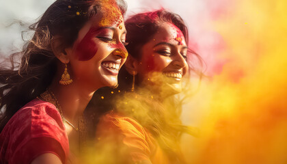 Sticker - Two women hugging in colors , happy holi indian concept