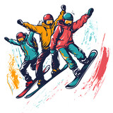 Fototapeta Młodzieżowe - Group enjoying a fun day of snowboarding isolated on white background, hand drawn, png
