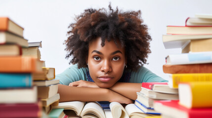 Sticker - A woman immersed in study, surrounded by books and educational materials