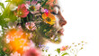© Graphic Master - A woman surrounded by blooming flowers in a garden, highlighting the serene connection between women and nature against a bright white backdrop