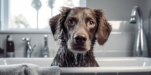 A Brown Dog Is Sitting In A Bath Tub. This Image Can Be Used To Depict A Pet Taking A Bath Or For Illustrating Concepts Related To Hygiene And Grooming