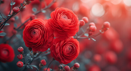 Wall Mural - Vibrant red roses with a soft-focus background in a dreamy red hue, ideal for romantic and floral themes.