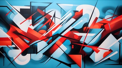 Wall Mural - Abstract wall surface with part of graffiti. Geometric lines, light blue, black, red colors background