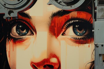 Poster - A detailed close-up of a painting depicting a woman's face. Perfect for art enthusiasts and interior decor projects