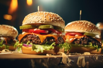 Canvas Print - A picture featuring three delicious cheeseburgers topped with fresh lettuce, juicy tomato slices, and tangy pickles. Perfect for food-related projects and advertisements